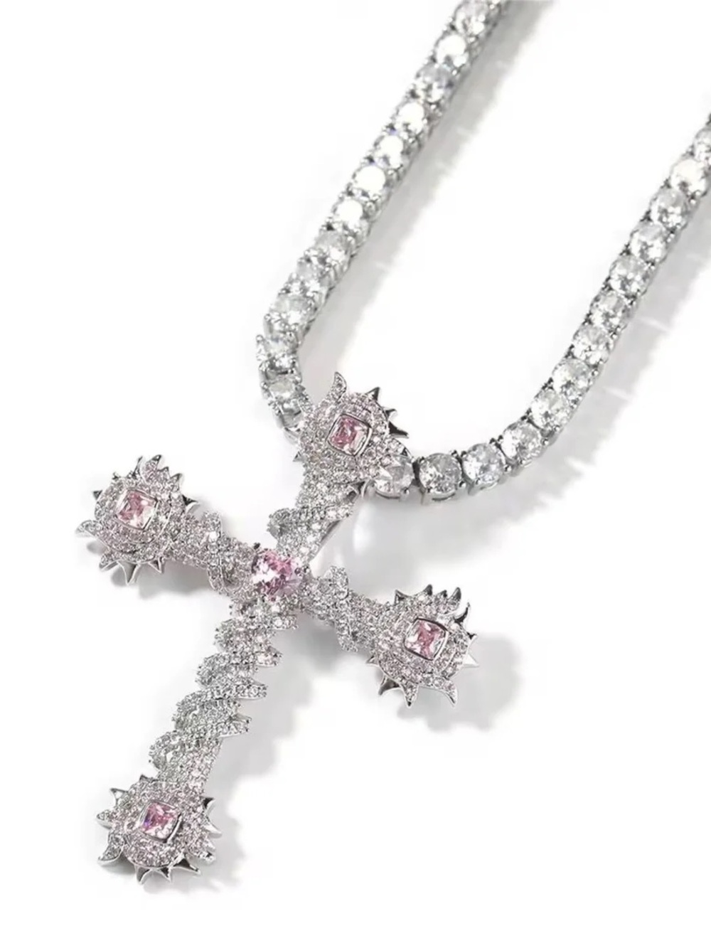 Pink & Silver Cross Pendant Necklace 16inch - Women Jewelry